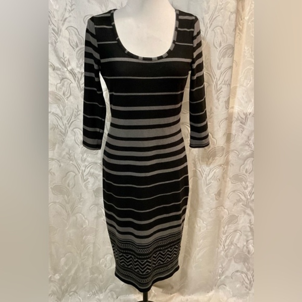 Feathers Black & Gray Striped Long Sleeve Form Fitting Dress